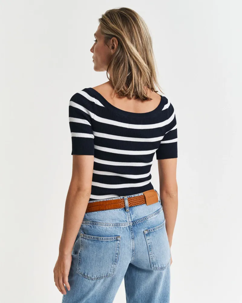 Gant Striped Rib Knit Off Shoulder Short Sleeve Top Evening Blue-3
