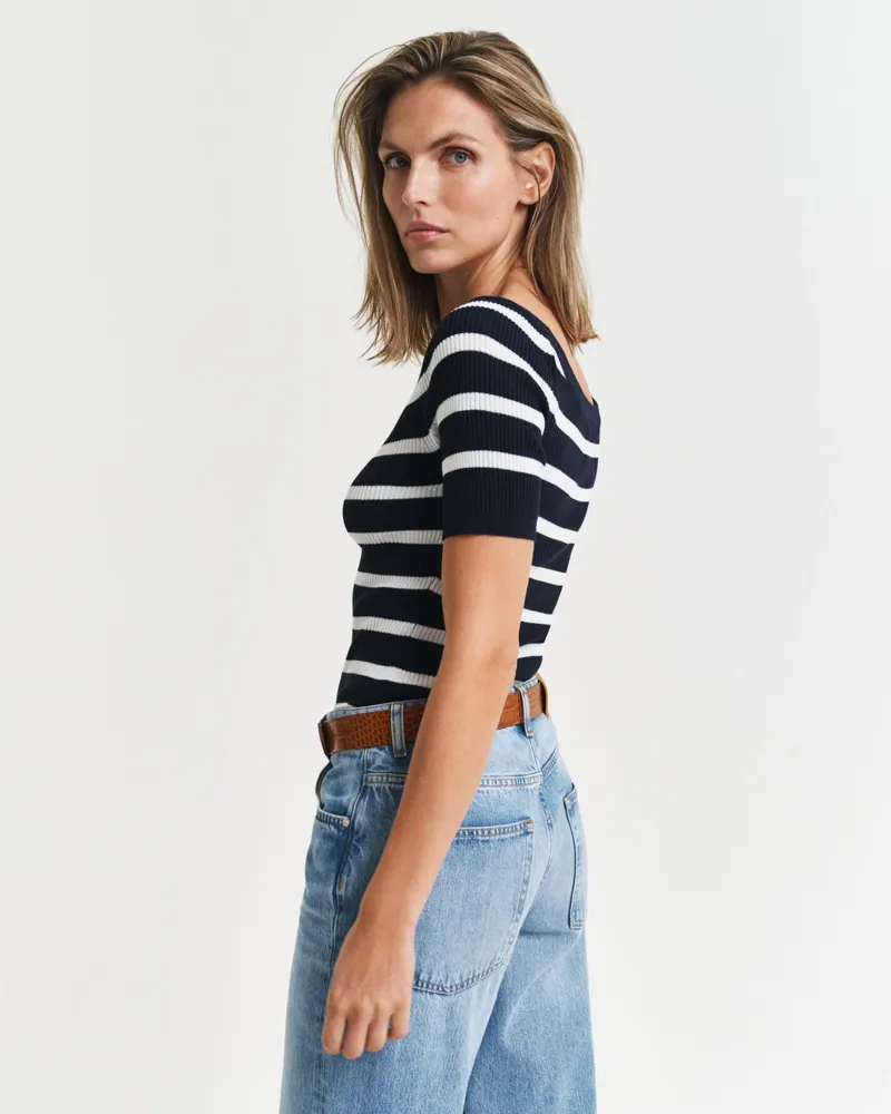 Gant Striped Rib Knit Off Shoulder Short Sleeve Top Evening Blue-4