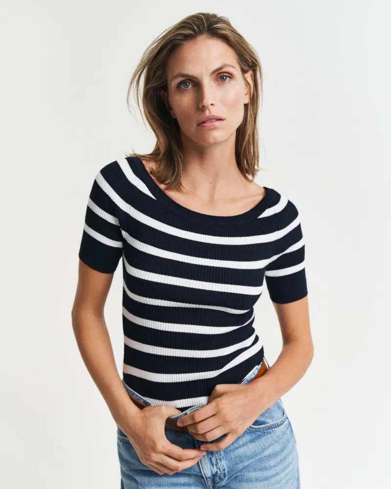 Gant Striped Rib Knit Off Shoulder Short Sleeve Top Evening Blue-2