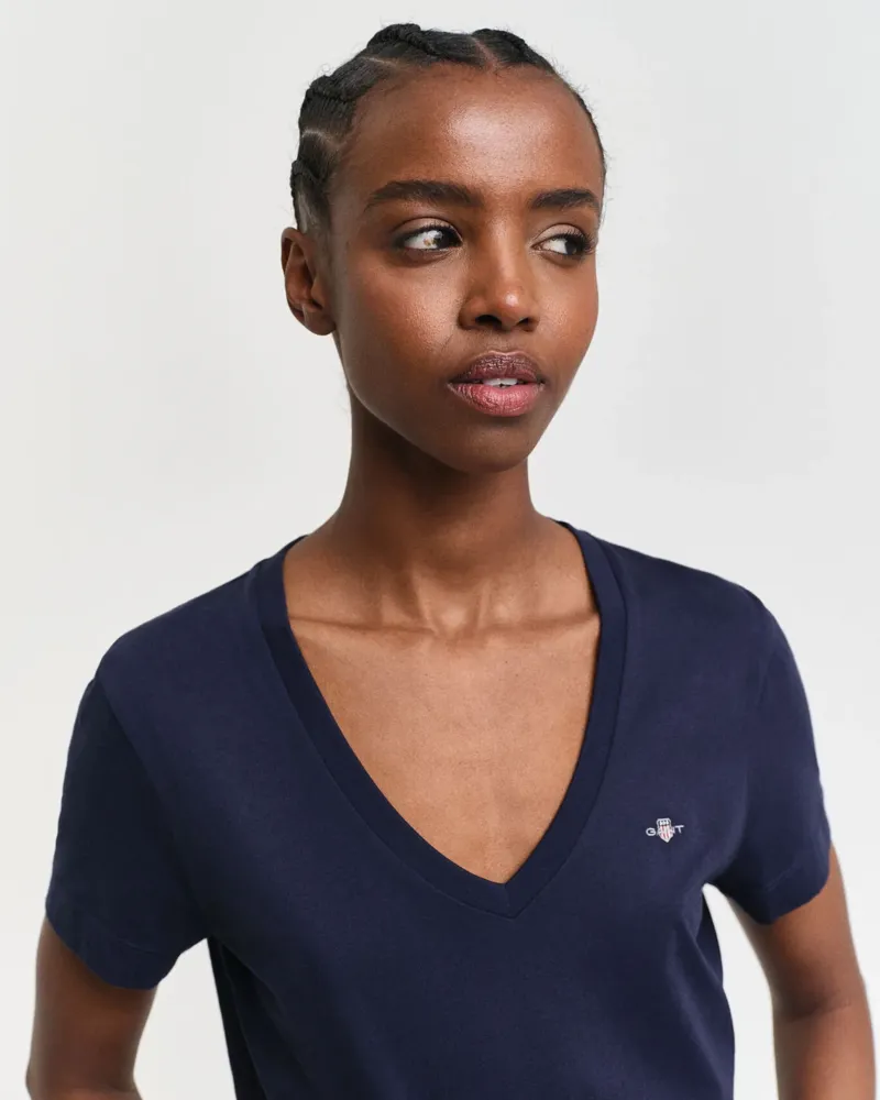 Gant Ladies Shield V-Neck T-Shirt Evening Blue-1