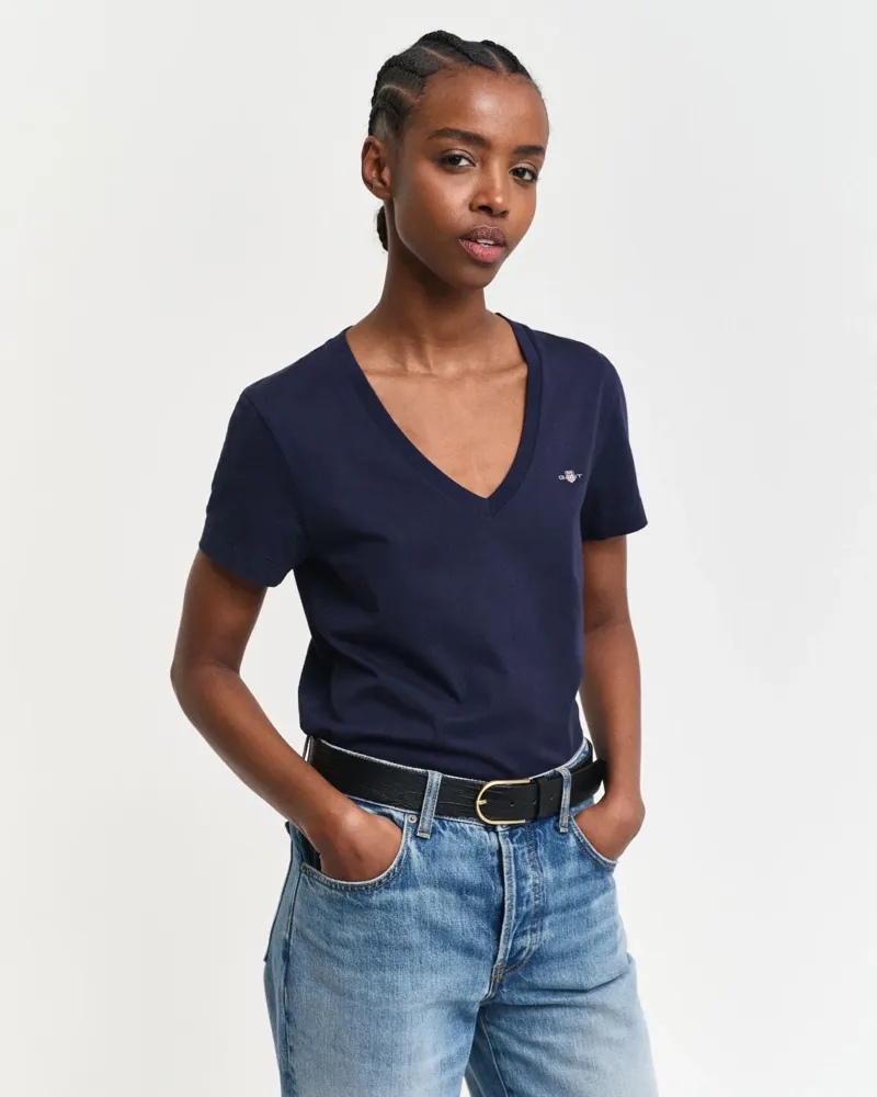 Gant Ladies Shield V-Neck T-Shirt Evening Blue-2