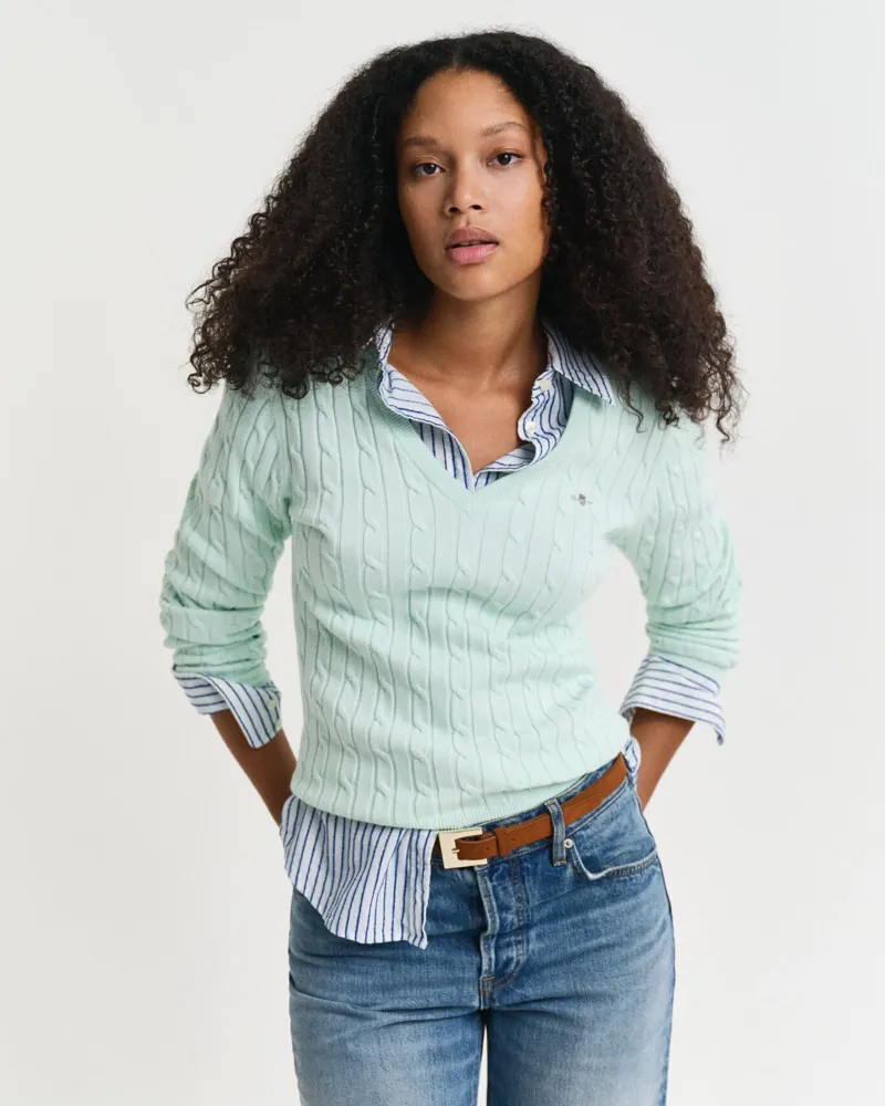 Gant Ladies Stretch Cotton Cable V-Neck Faded Mint-1