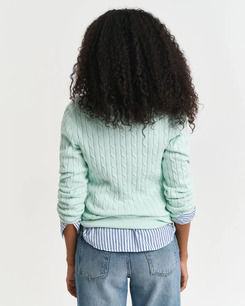 Gant Ladies Stretch Cotton Cable V-Neck Faded Mint-2