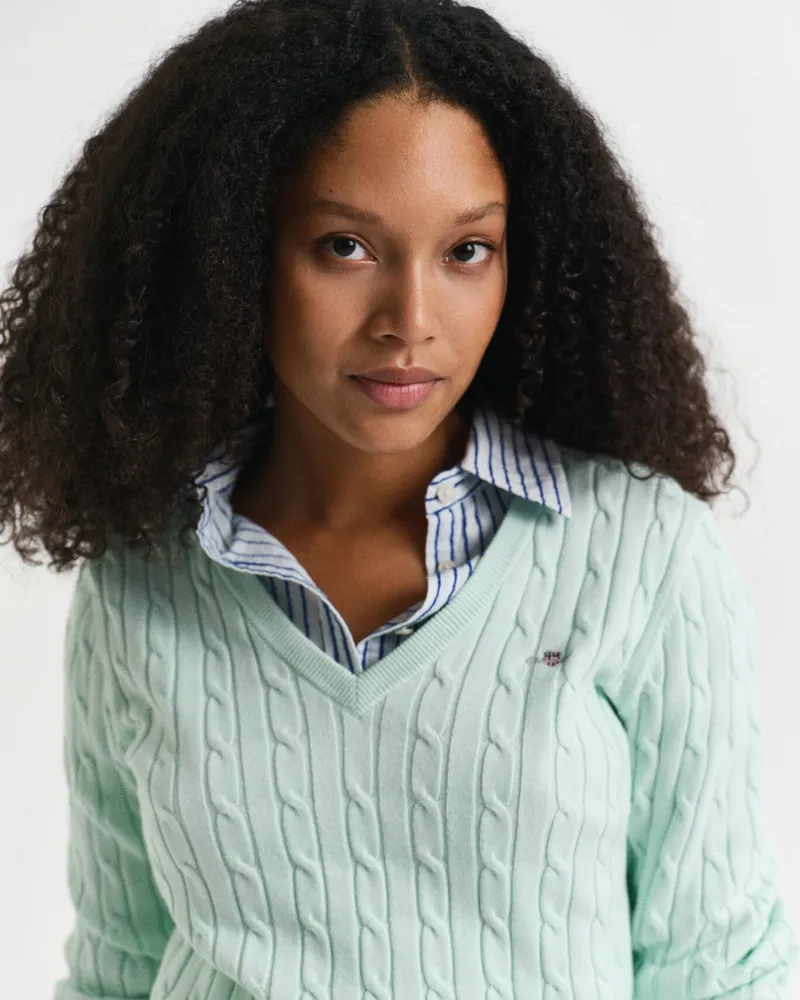 Gant Ladies Stretch Cotton Cable V-Neck Faded Mint-3
