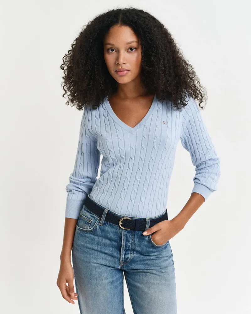 Gant Stretch Cotton Cable V-Neck Jumper Fresh Blue-1