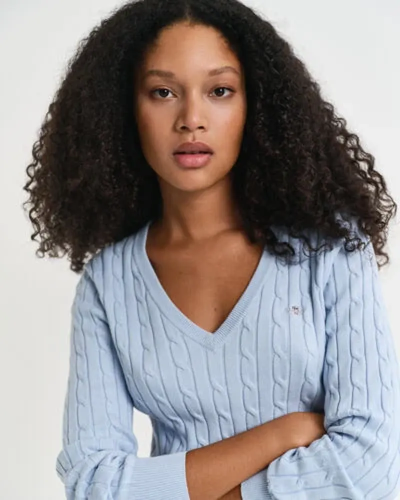 Gant Stretch Cotton Cable V-Neck Jumper Fresh Blue-3