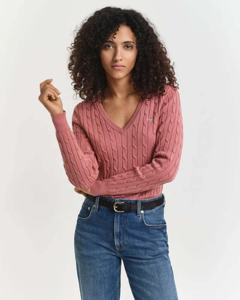 Gant Ladies Stretch Cotton Cable C-Neck Faded Brick-2