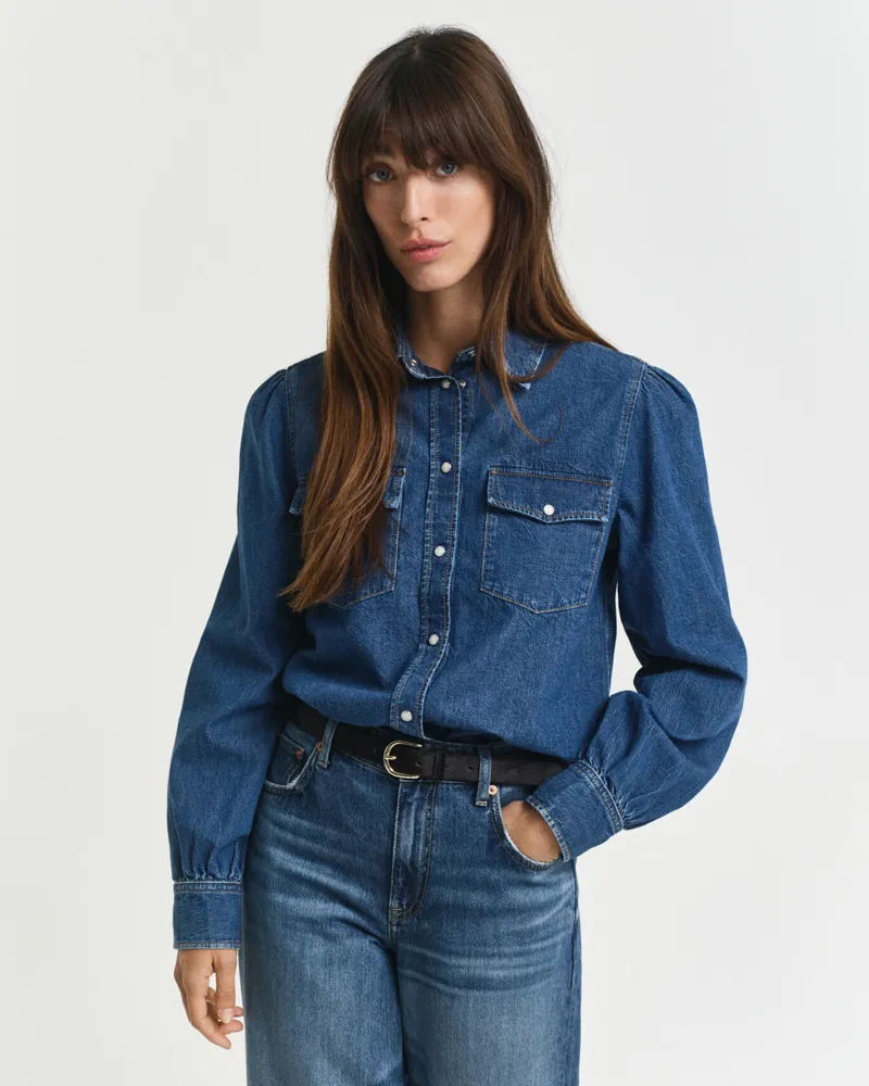 Gant Regular Puff Sleeve Denim Shirt Indigo-3