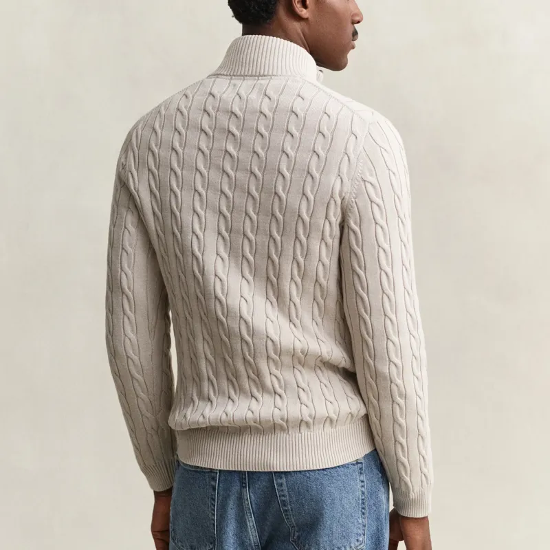 Gant Cotton Cable Knit Half-Zip Sweater in Clay Beige-3