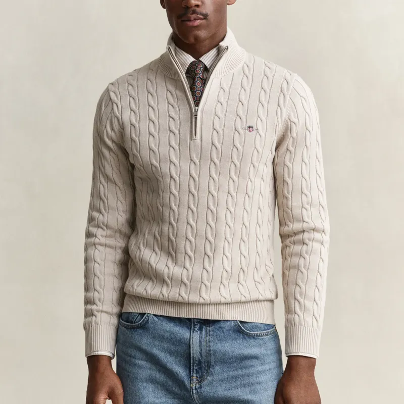 Gant Cotton Cable Knit Half-Zip Sweater in Clay Beige-1