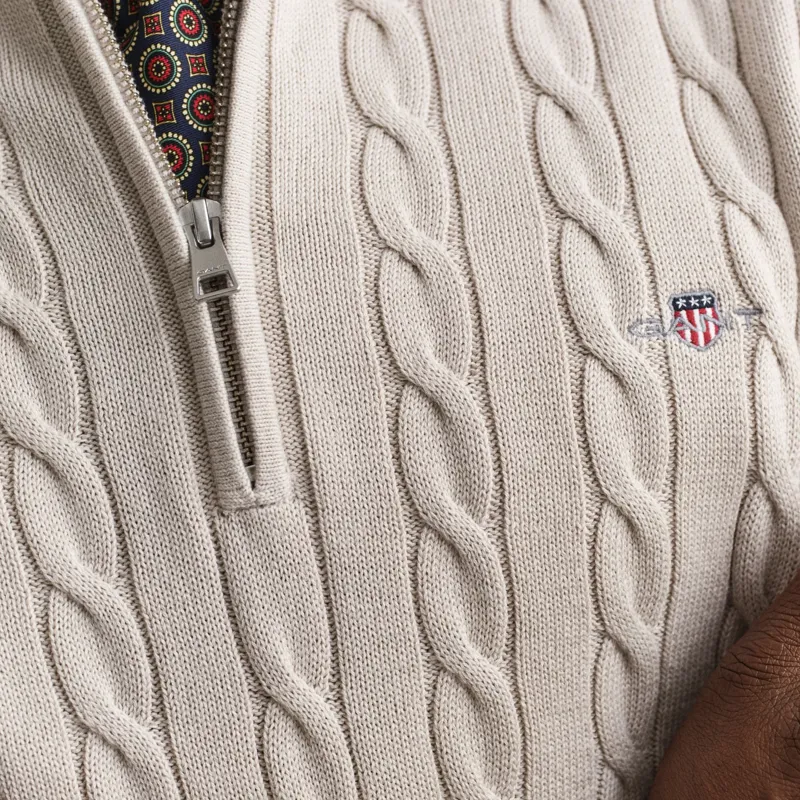 Gant Cotton Cable Knit Half-Zip Sweater in Clay Beige-4