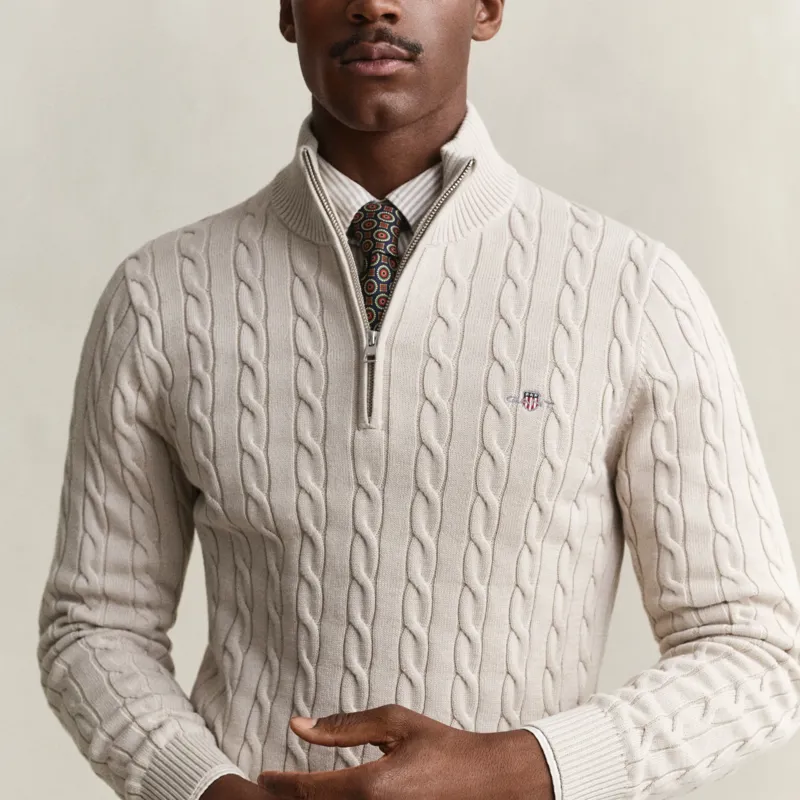 Gant Cotton Cable Knit Half-Zip Sweater in Clay Beige-2