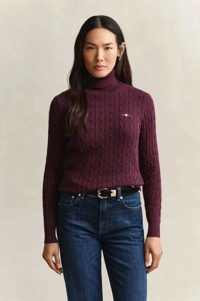 Gant Stretch Cotton Cable Turtleneck Sweater in Darkened Wine-1