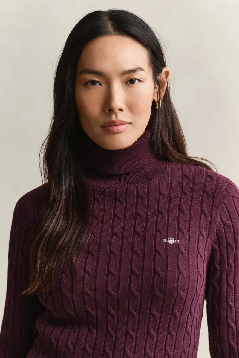Gant Stretch Cotton Cable Turtleneck Sweater in Darkened Wine-3