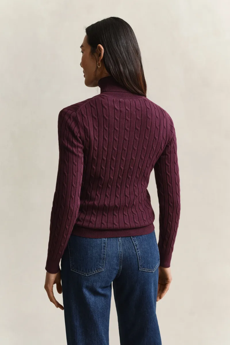 Gant Stretch Cotton Cable Turtleneck Sweater in Darkened Wine-2
