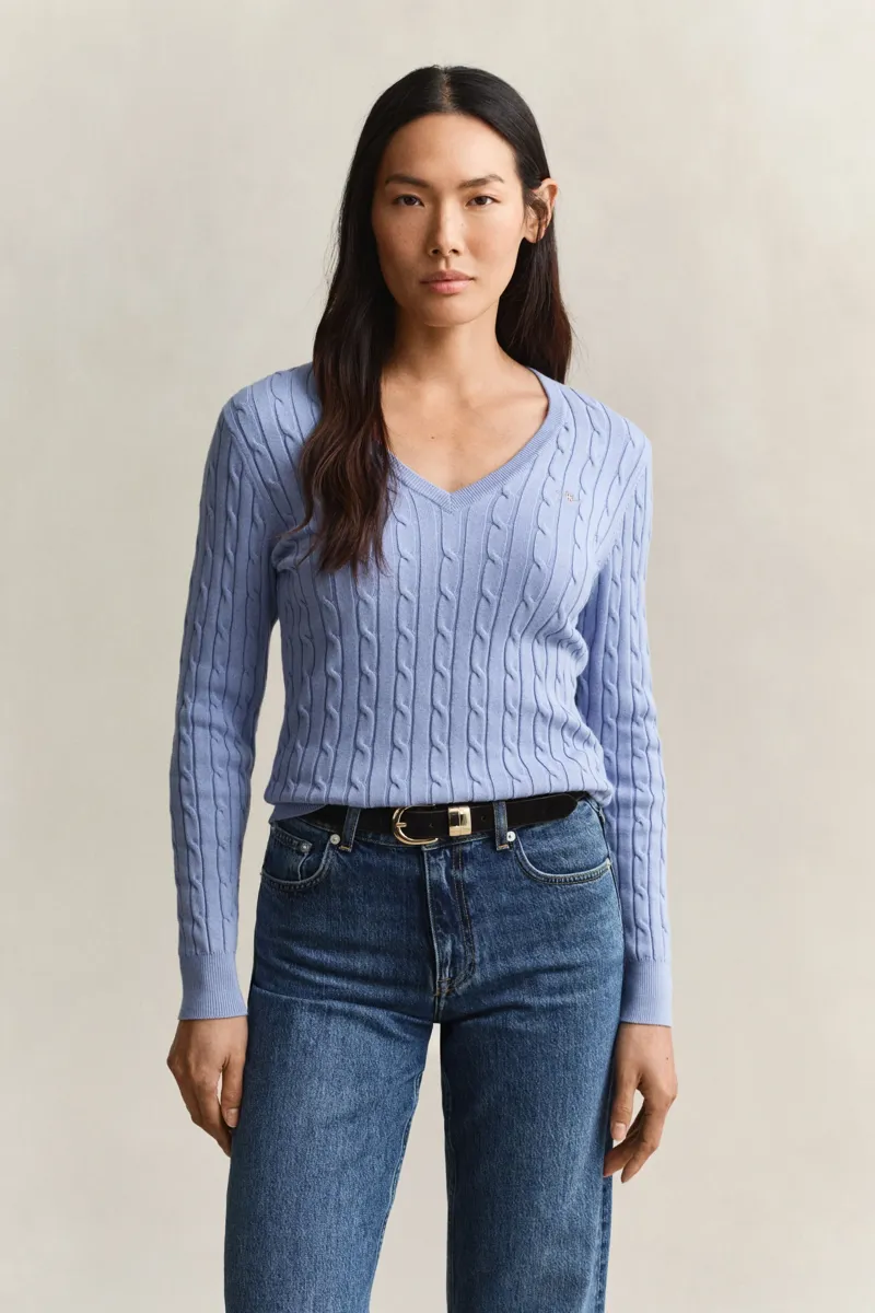 Gant Classic Cable Knit Stretch Cotton V-Neck Sweater Misty Lavender-1