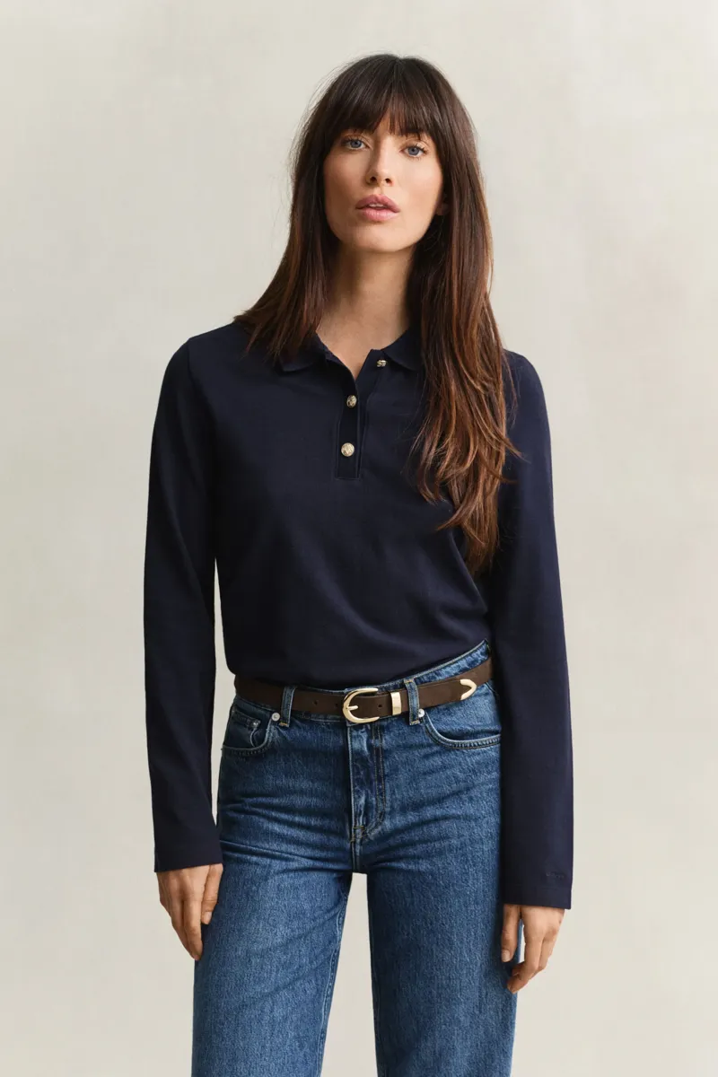 Gant Reg LS Pique Polo Long Sleeve Top in Evening Blue-1