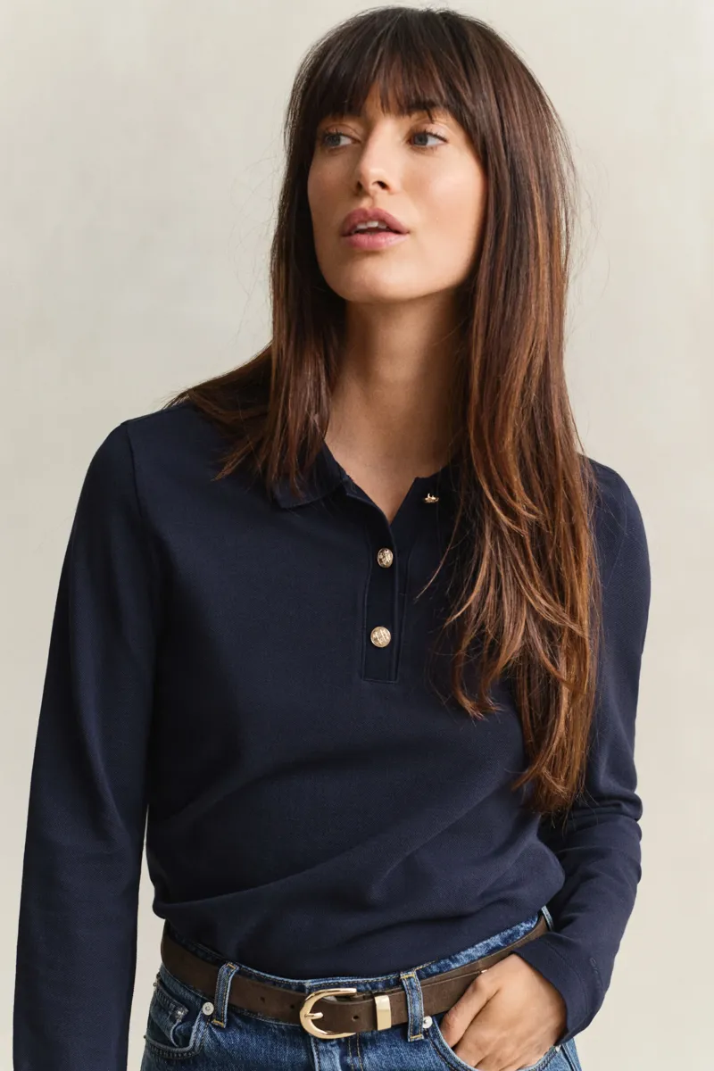 Gant Reg LS Pique Polo Long Sleeve Top in Evening Blue-4