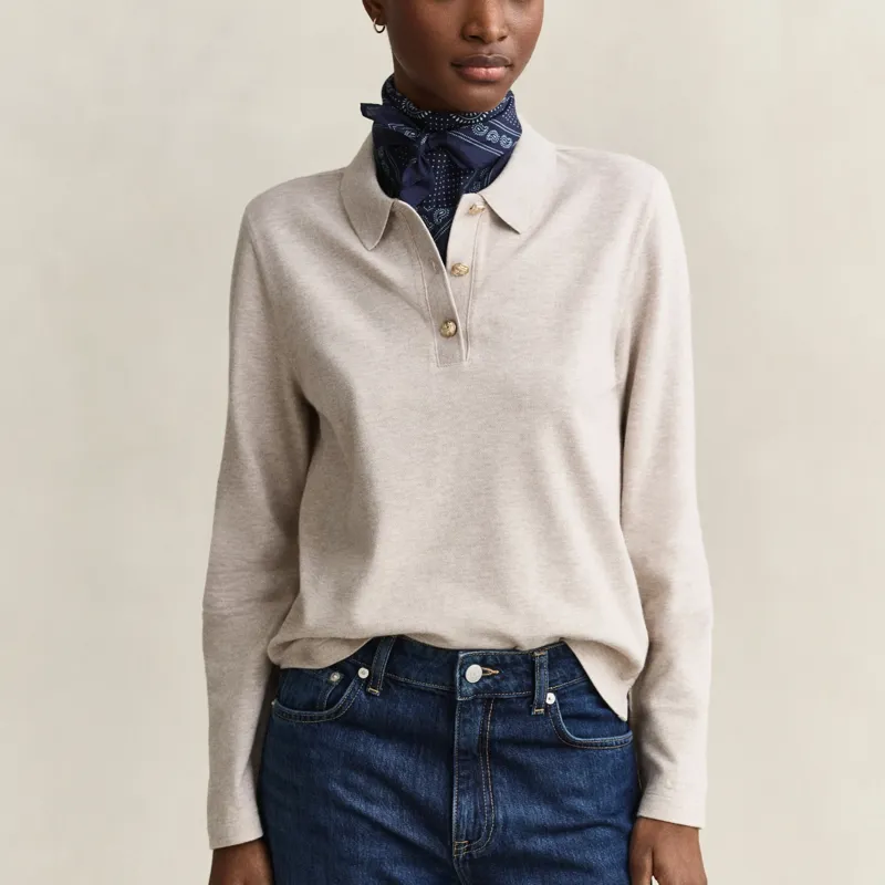 Gant Reg LS Pique Polo Long Sleeve Top in Light Beige Melange-1