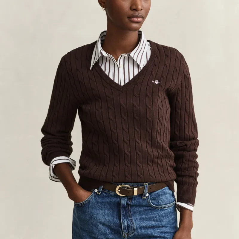Gant Classic Cable Knit Stretch Cotton V-Neck Sweater in Deep Brown-1