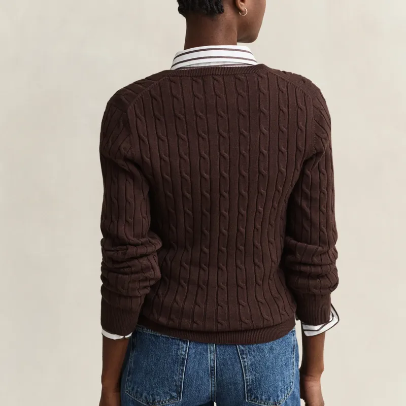 Gant Classic Cable Knit Stretch Cotton V-Neck Sweater in Deep Brown-3