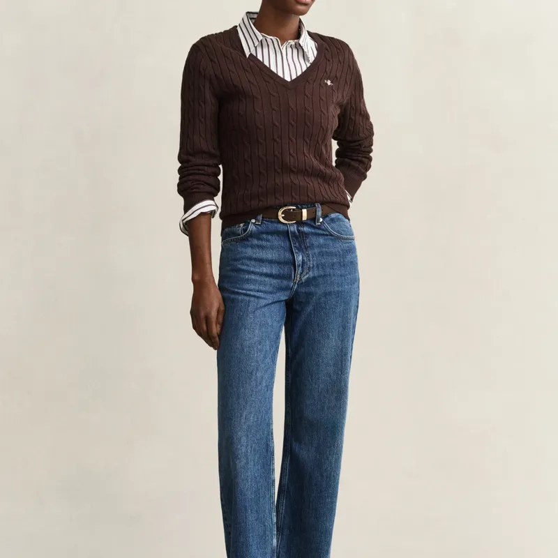 Gant Classic Cable Knit Stretch Cotton V-Neck Sweater in Deep Brown-2