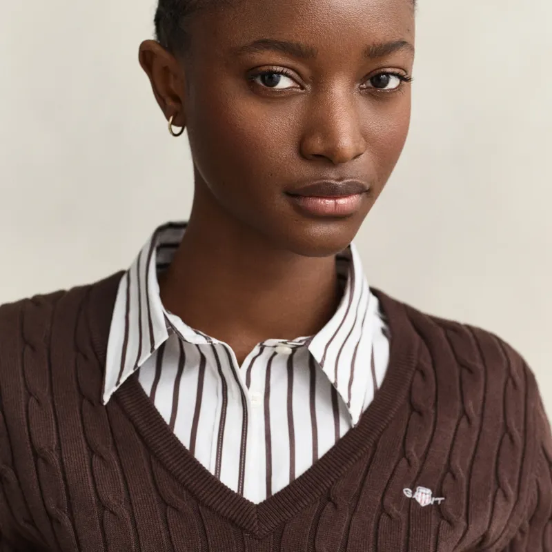 Gant Classic Cable Knit Stretch Cotton V-Neck Sweater in Deep Brown-4
