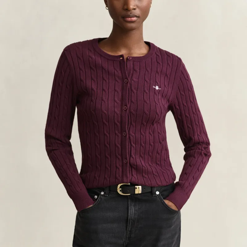 Gant Stretch Cable Knit Cardigan in Darkened Wine-1