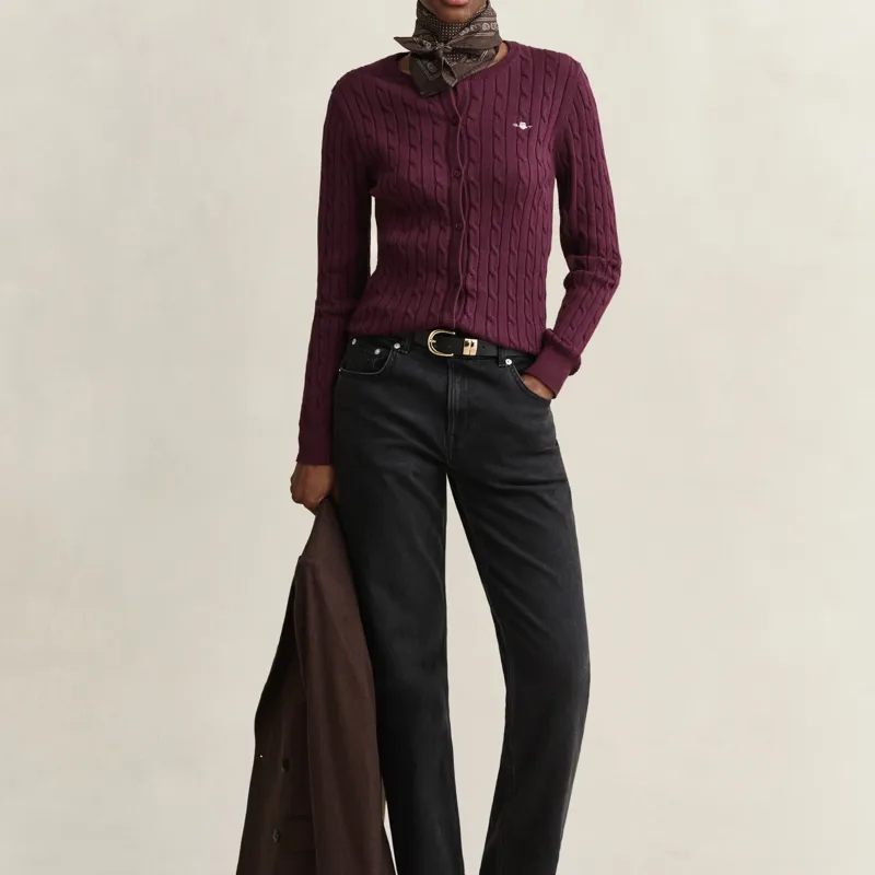 Gant Stretch Cable Knit Cardigan in Darkened Wine-4