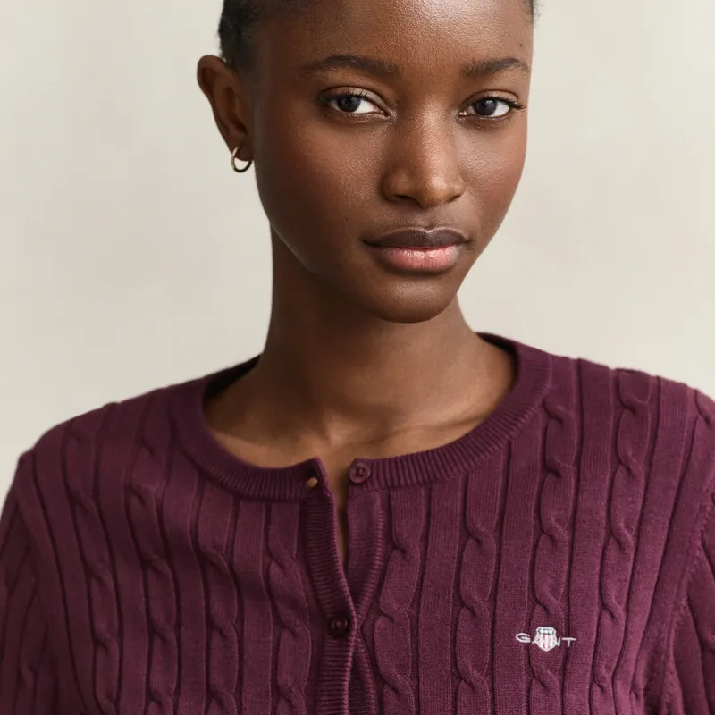 Gant Stretch Cable Knit Cardigan in Darkened Wine-3