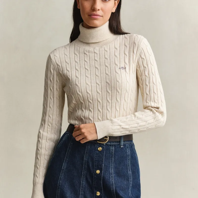 Gant Stretch Cotton Cable Turtleneck Sweater in Faded Beige-1