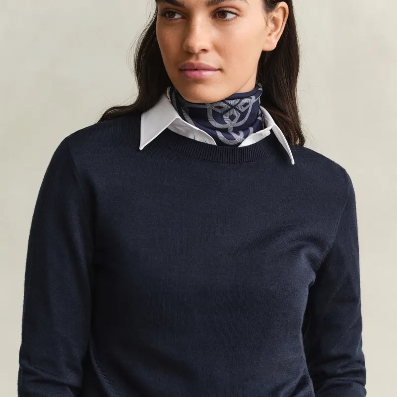 Gant Extra Fine Merino Wool Crew Neck Sweater in Evening Blue-3