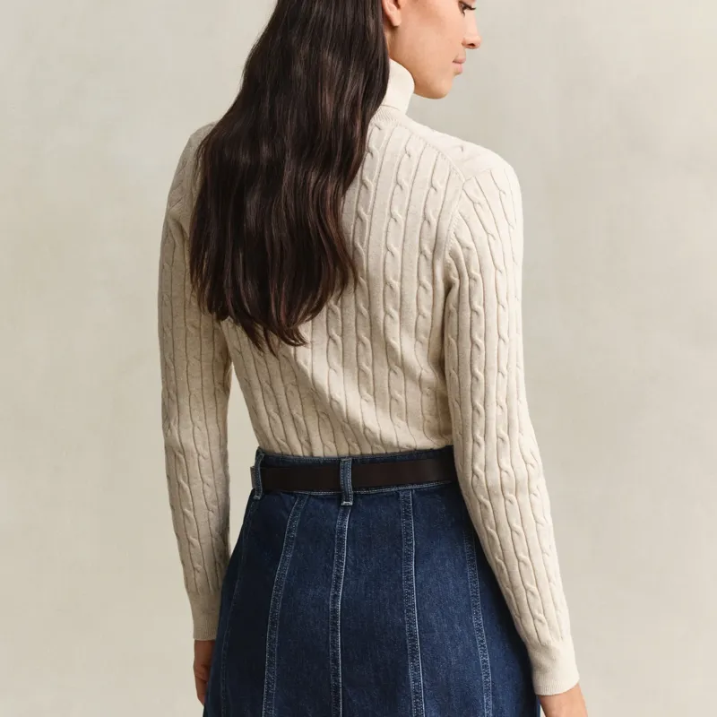 Gant Stretch Cotton Cable Turtleneck Sweater in Faded Beige-2