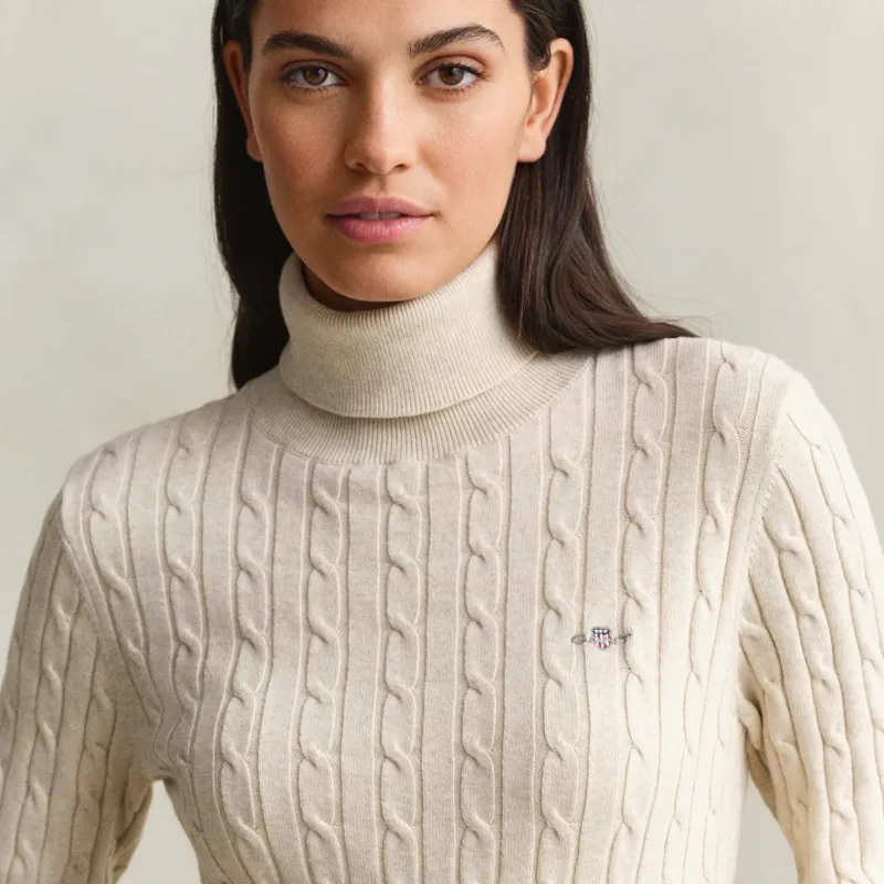 Gant Stretch Cotton Cable Turtleneck Sweater in Faded Beige-3