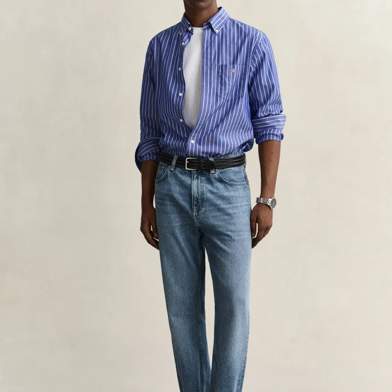 Gant Classic Poplin Stripe Shirt in College Blue-6