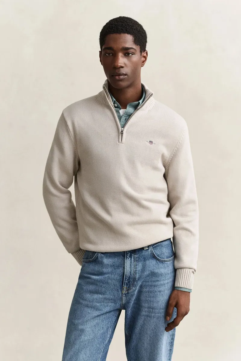 Gant Cotton Knit Half-Zip Sweater in Seed Melange-1