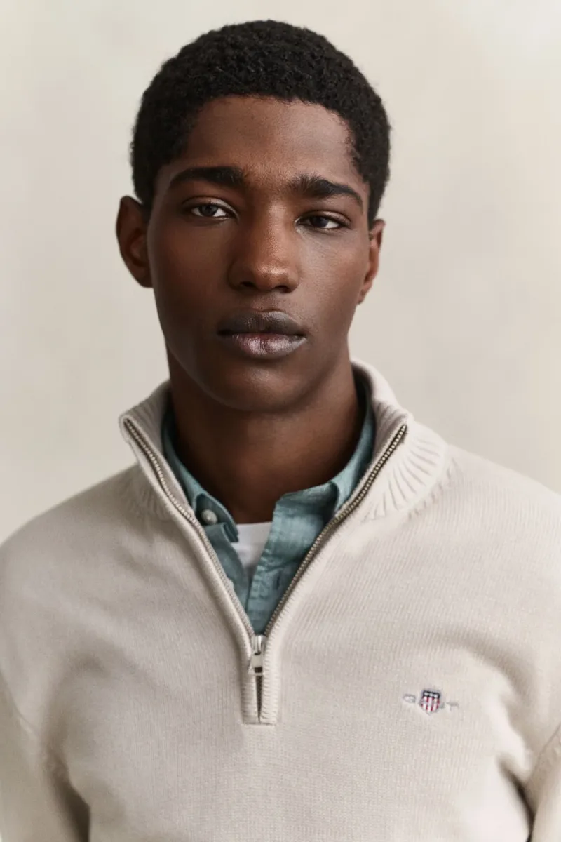 Gant Cotton Knit Half-Zip Sweater in Seed Melange-2