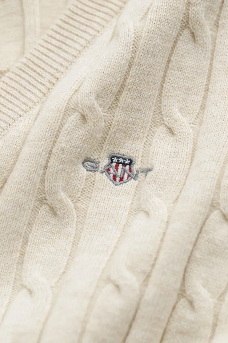 Gant Classic Cable Knit Stretch Cotton V-Neck Sweater in Misty Beige-1