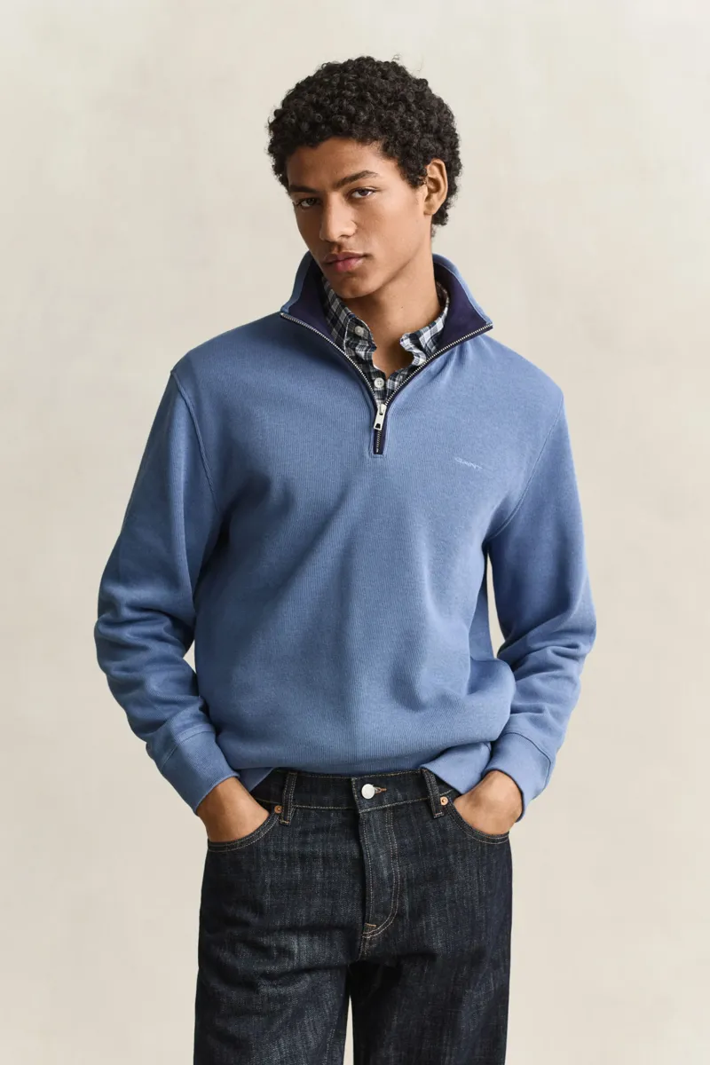 Gant Sacker Rib Half Zip Sweatshirt in Blue Horizon-1