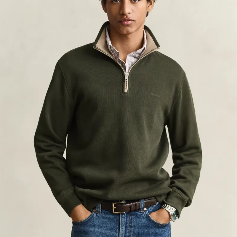 Gant Sacker Rib Half Zip Sweatshirt in Dark Moss Green-1