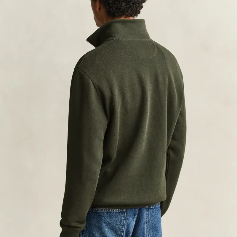 Gant Sacker Rib Half Zip Sweatshirt in Dark Moss Green-2