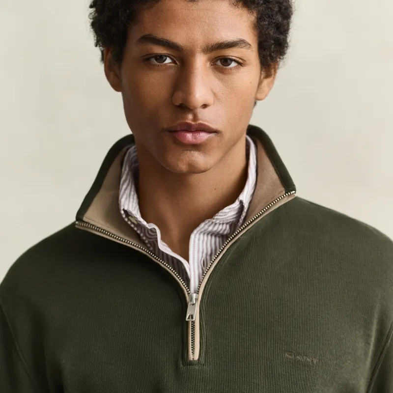 Gant Sacker Rib Half Zip Sweatshirt in Dark Moss Green-3