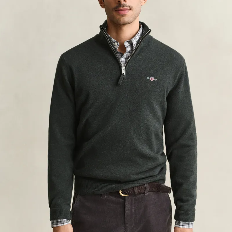 Gant Superfine Lambswool Half Zip Sweater in Dark Moss Green-1