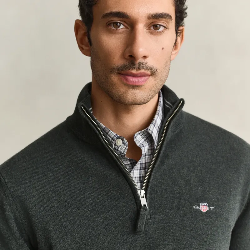Gant Superfine Lambswool Half Zip Sweater in Dark Moss Green-3