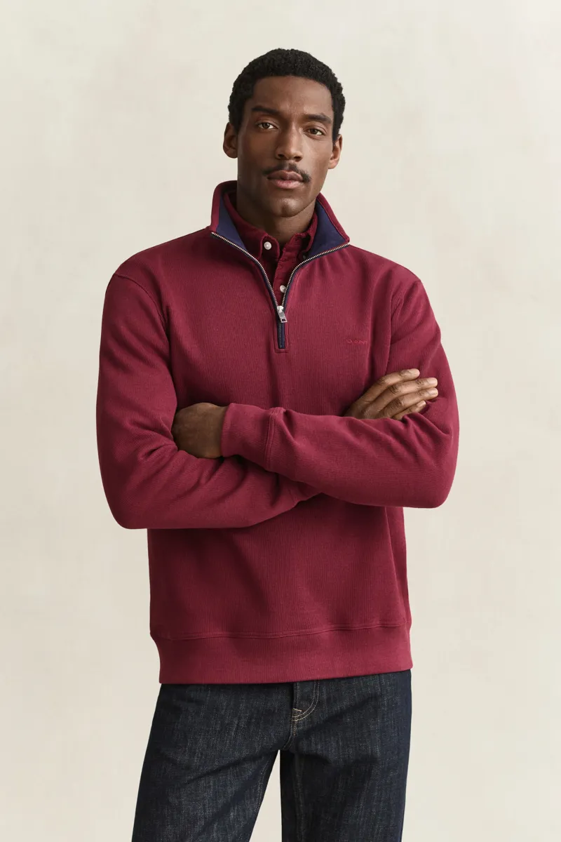 Gant Sacker Rib Half Zip Sweatshirt in Deep Grape Wine-1