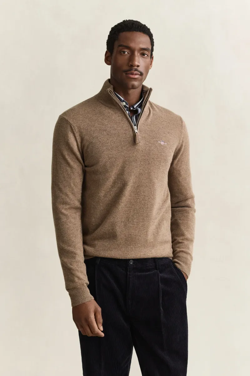 Gant Superfine Lambswool Half Zip Sweater in Light Brown Melange-1