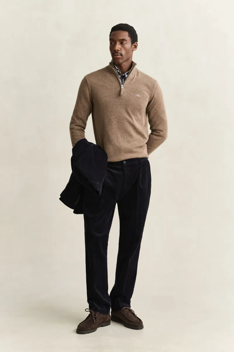 Gant Superfine Lambswool Half Zip Sweater in Light Brown Melange-4