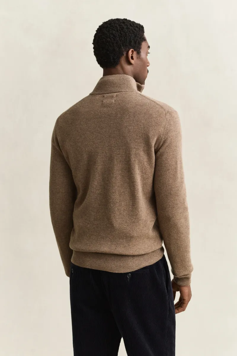 Gant Superfine Lambswool Half Zip Sweater in Light Brown Melange-2