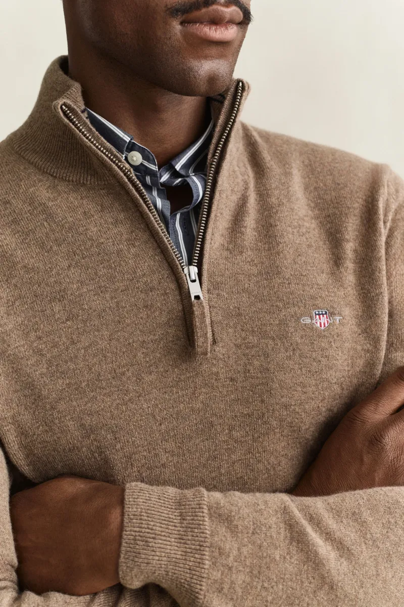 Gant Superfine Lambswool Half Zip Sweater in Light Brown Melange-3