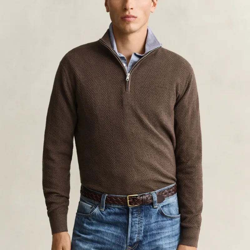 Gant Herringbone Texture Half Zip Sweater in Brown Melange-1